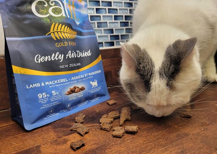 Catit's air-dried cat food from the Gold Fern line has a jerky-like texture and appearance.
